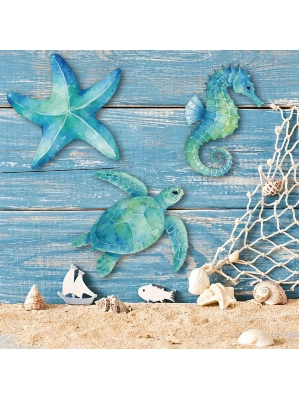 Seahorse Wall Decor Set - Ocean Sculptures, Blue Sea Turtle & Starfish Art for